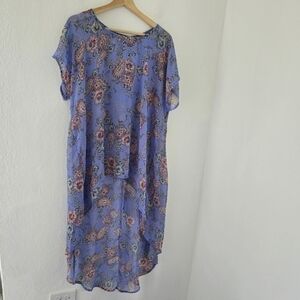 AUW Blue Floral Paisley High Low Sheer Blouse